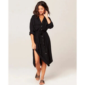 L*Space Barcelona Long Sleeve Black Midi Dress Button Front Cover Up Size S/M